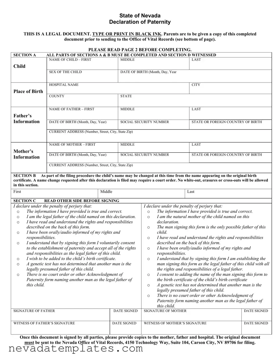 Fill in Your Nevada Declaration Of Paternity Form