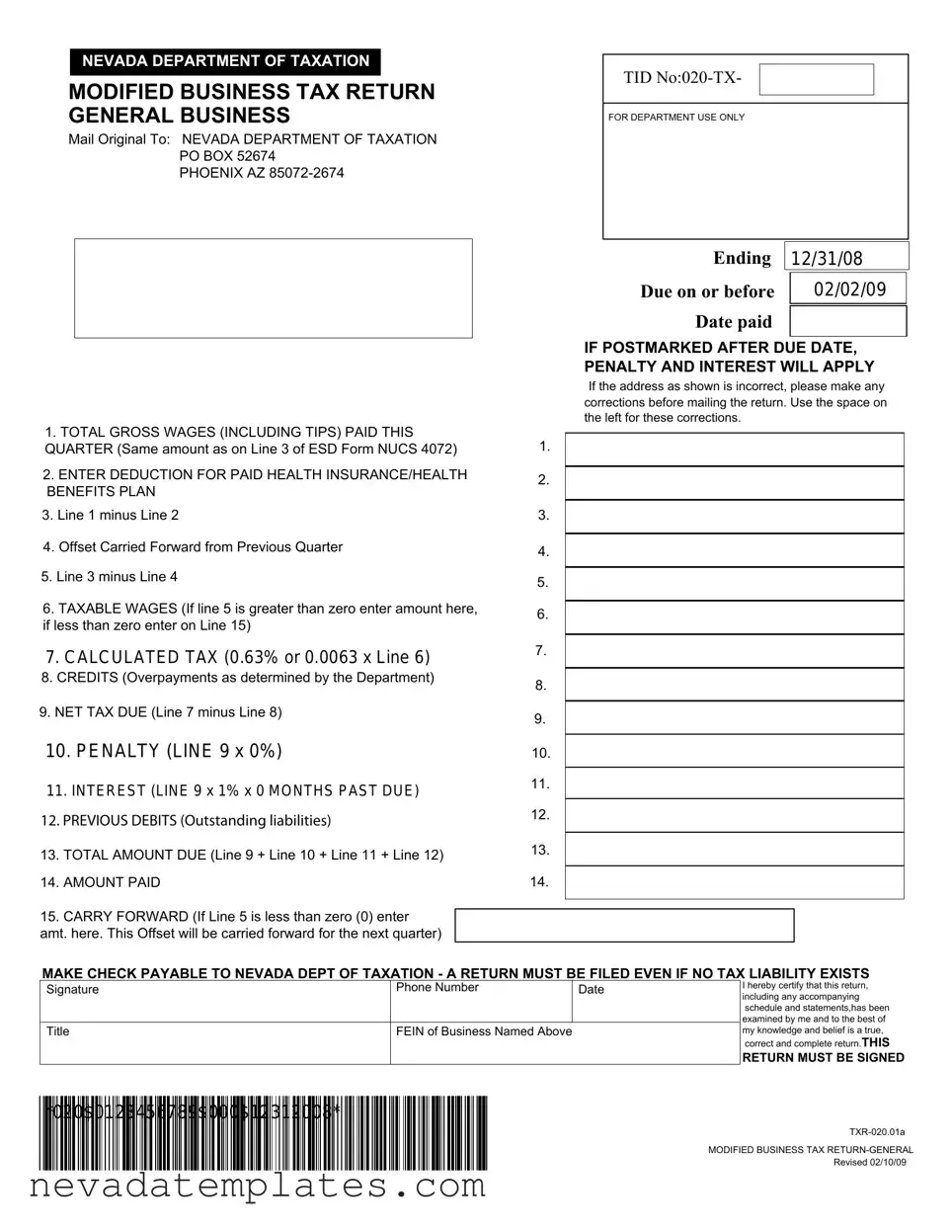Fill in Your Nevada Modified Tax Return Form