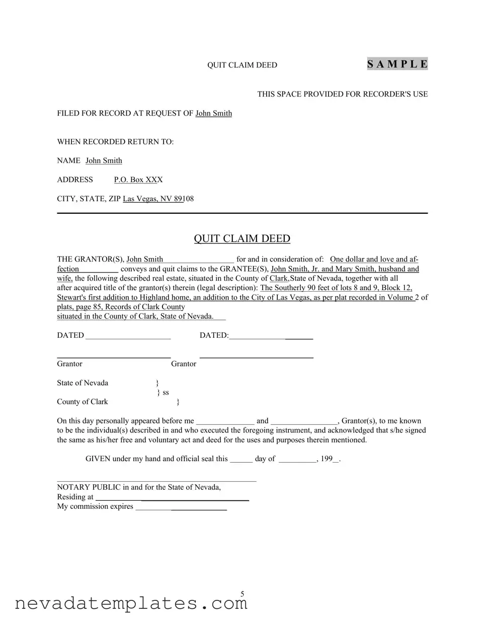 Fill in Your Nevada Quit Claim Form