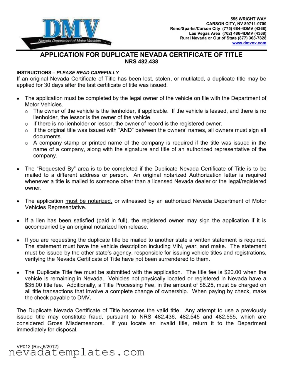 Fill in Your Nevada Vp012 Form